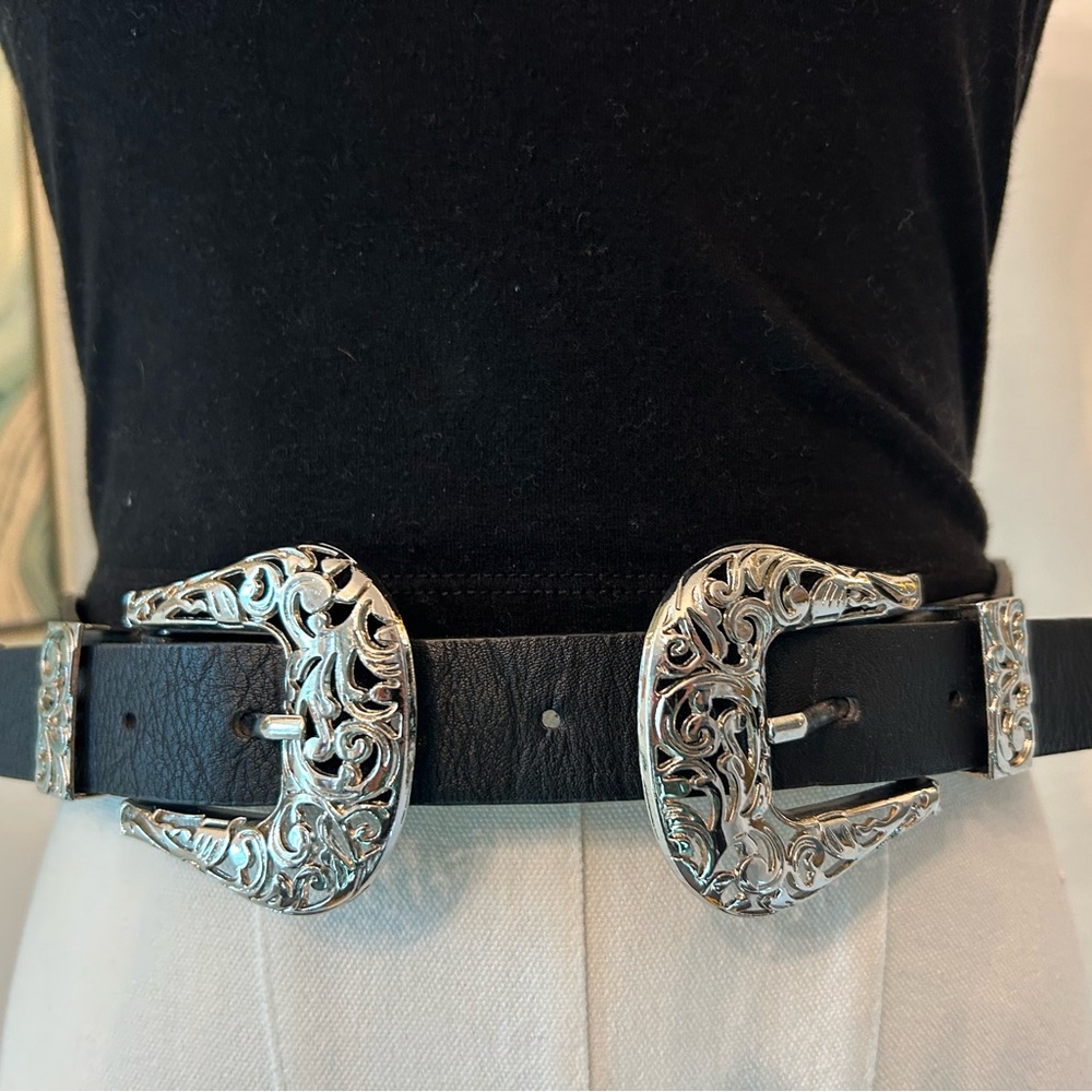 Chic Black Belt with Ornate Silver Buckles
